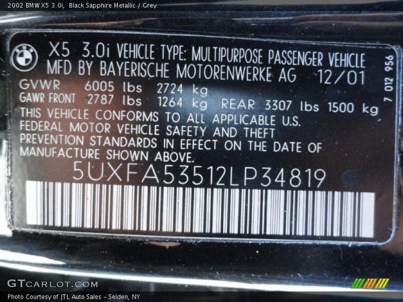 Black Sapphire Metallic / Grey 2002 BMW X5 3.0i