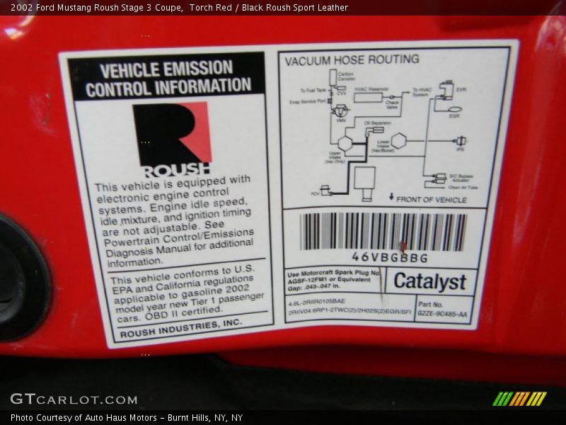 Info Tag of 2002 Mustang Roush Stage 3 Coupe