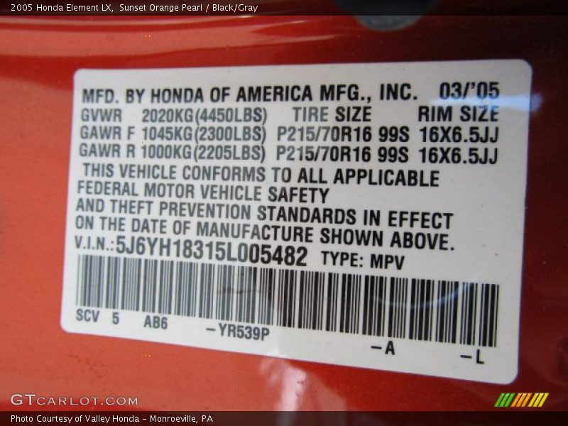 2005 Element LX Sunset Orange Pearl Color Code YR539P