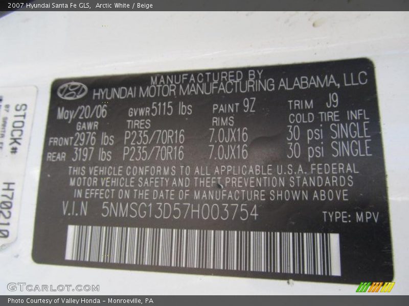 Arctic White / Beige 2007 Hyundai Santa Fe GLS