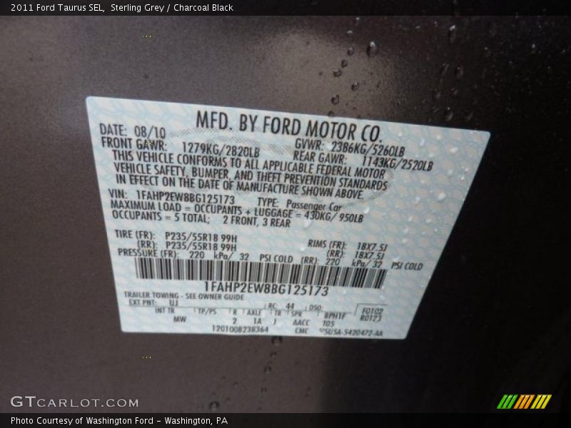 Sterling Grey / Charcoal Black 2011 Ford Taurus SEL