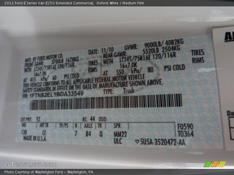 Oxford White / Medium Flint 2011 Ford E Series Van E250 Extended Commercial