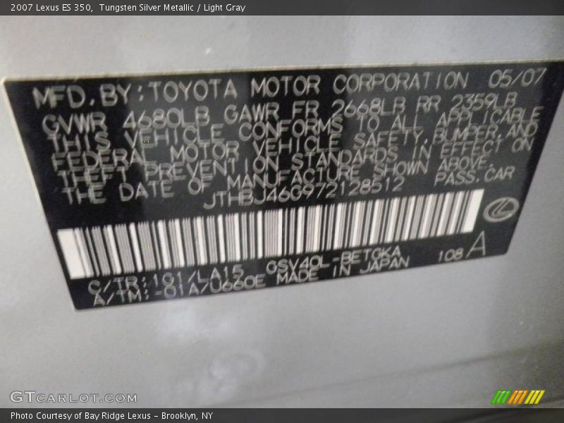 Tungsten Silver Metallic / Light Gray 2007 Lexus ES 350