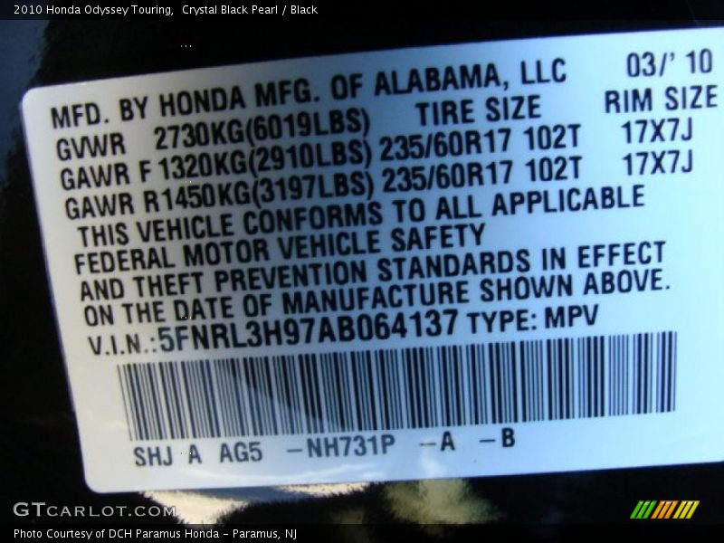 Crystal Black Pearl / Black 2010 Honda Odyssey Touring