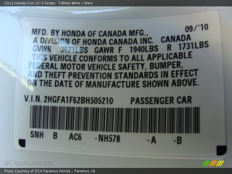 Taffeta White / Black 2011 Honda Civic LX-S Sedan