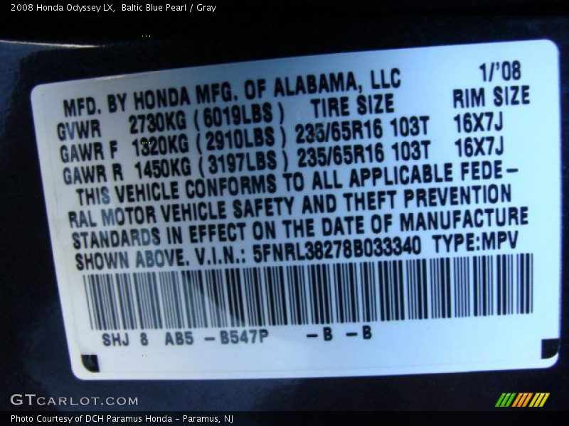 Baltic Blue Pearl / Gray 2008 Honda Odyssey LX