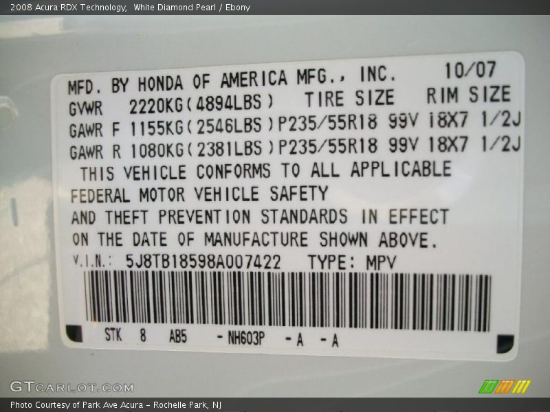 White Diamond Pearl / Ebony 2008 Acura RDX Technology