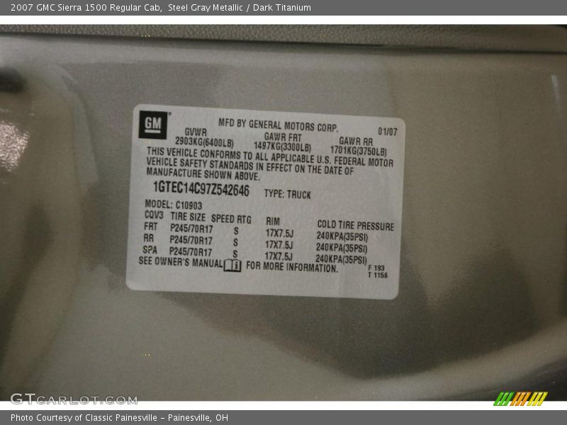 Info Tag of 2007 Sierra 1500 Regular Cab