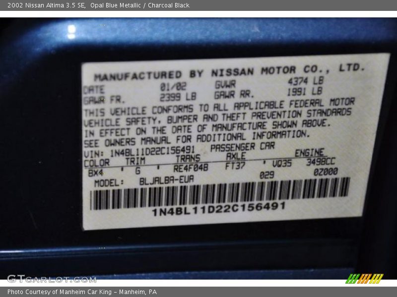 Opal Blue Metallic / Charcoal Black 2002 Nissan Altima 3.5 SE