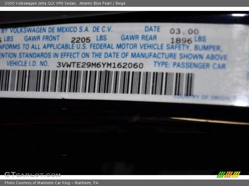 Atlantic Blue Pearl / Beige 2000 Volkswagen Jetta GLX VR6 Sedan