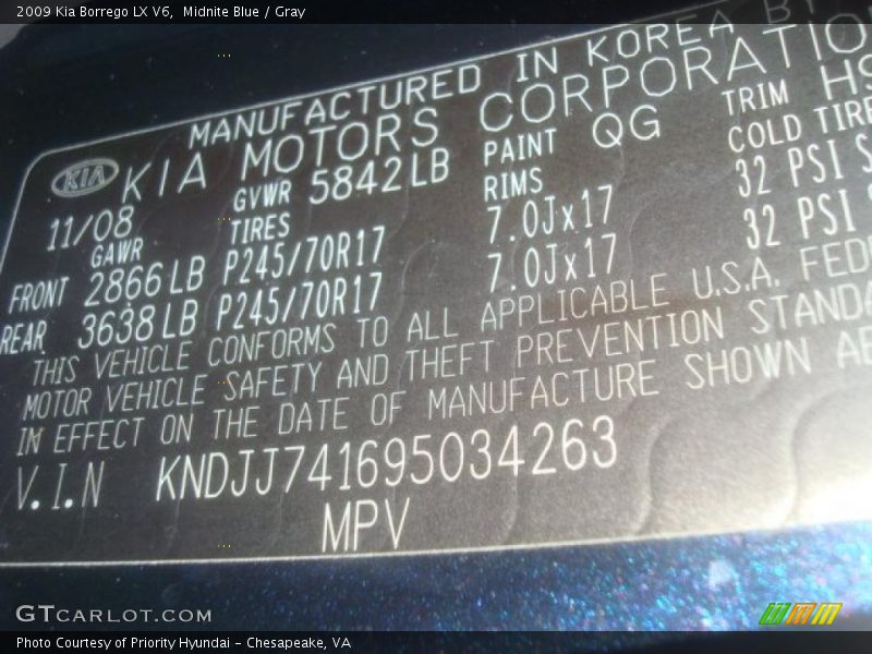 Midnite Blue / Gray 2009 Kia Borrego LX V6