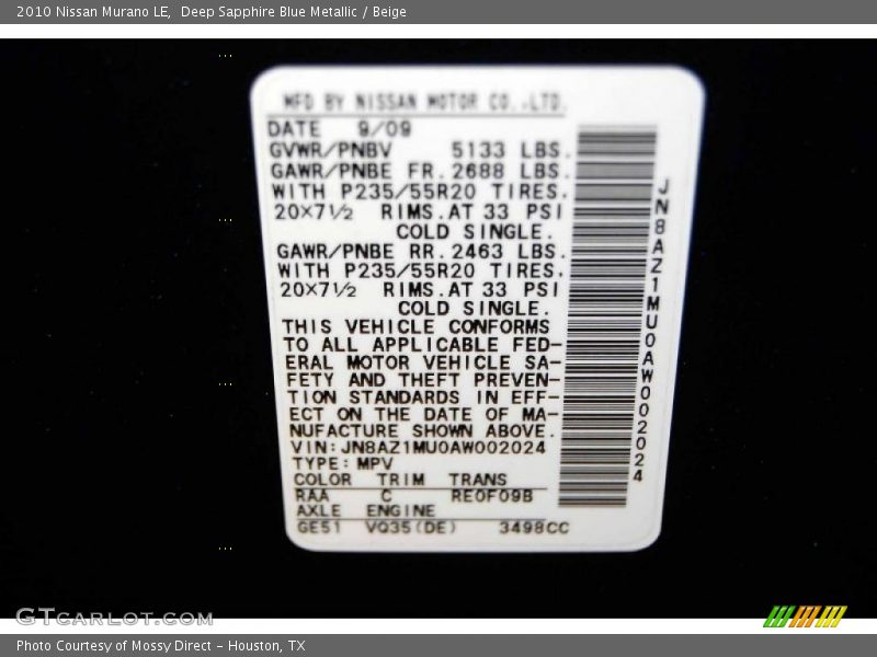 2010 Murano LE Deep Sapphire Blue Metallic Color Code RAA