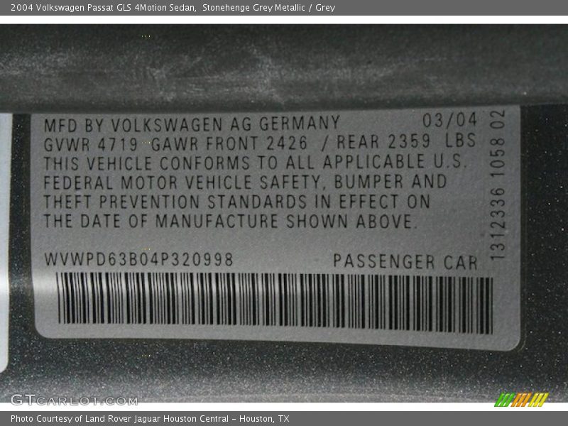 Stonehenge Grey Metallic / Grey 2004 Volkswagen Passat GLS 4Motion Sedan