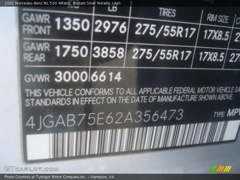 Brilliant Silver Metallic / Ash 2002 Mercedes-Benz ML 500 4Matic