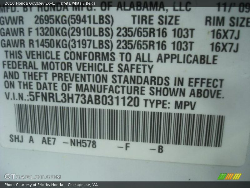 Taffeta White / Beige 2010 Honda Odyssey EX-L