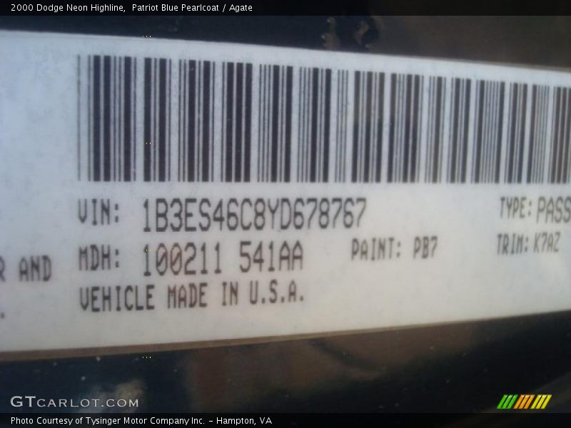 2000 Neon Highline Patriot Blue Pearlcoat Color Code PB7