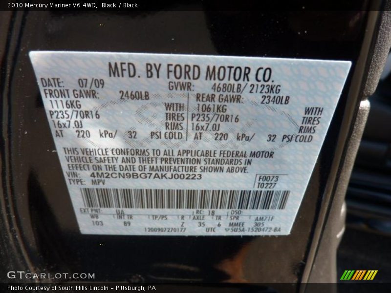 Black / Black 2010 Mercury Mariner V6 4WD