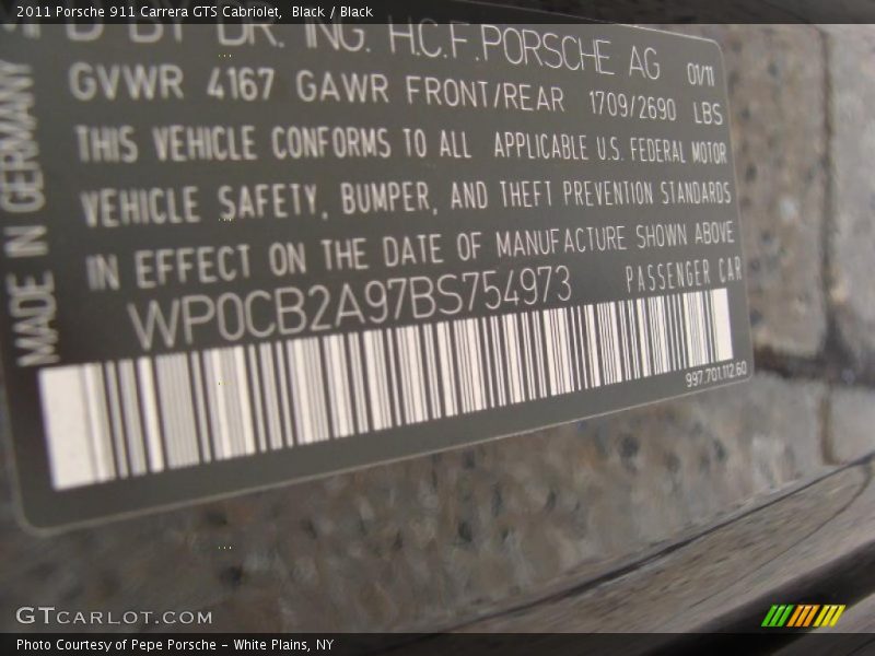 Info Tag of 2011 911 Carrera GTS Cabriolet