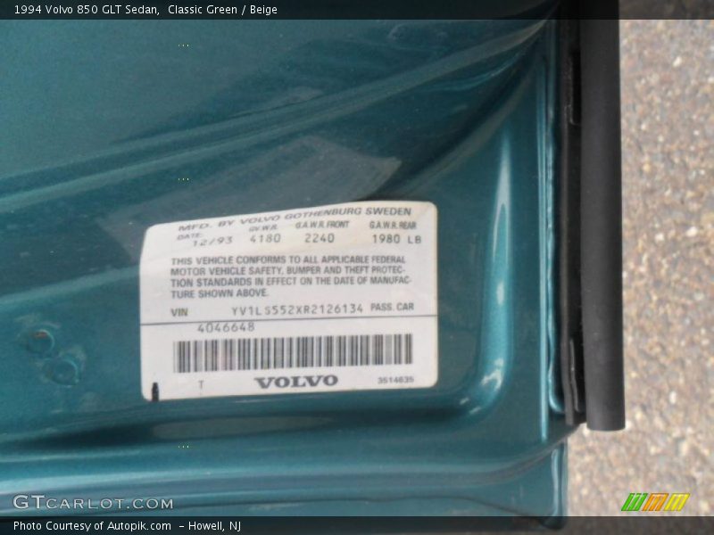 Info Tag of 1994 850 GLT Sedan