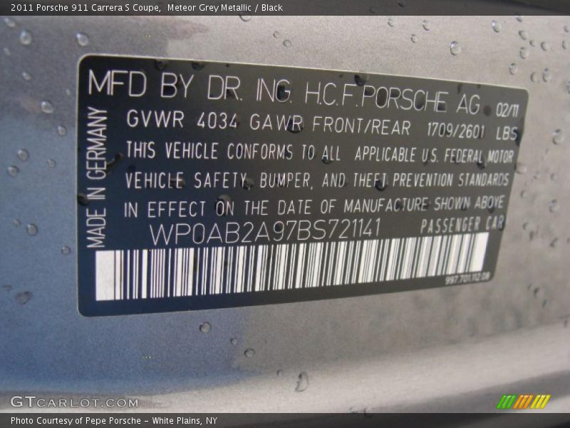 Info Tag of 2011 911 Carrera S Coupe