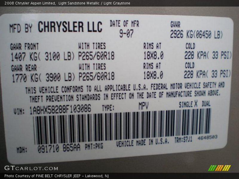 2008 Aspen Limited Light Sandstone Metallic Color Code PKG