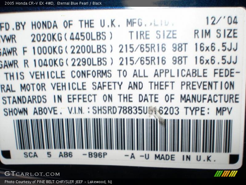 Eternal Blue Pearl / Black 2005 Honda CR-V EX 4WD