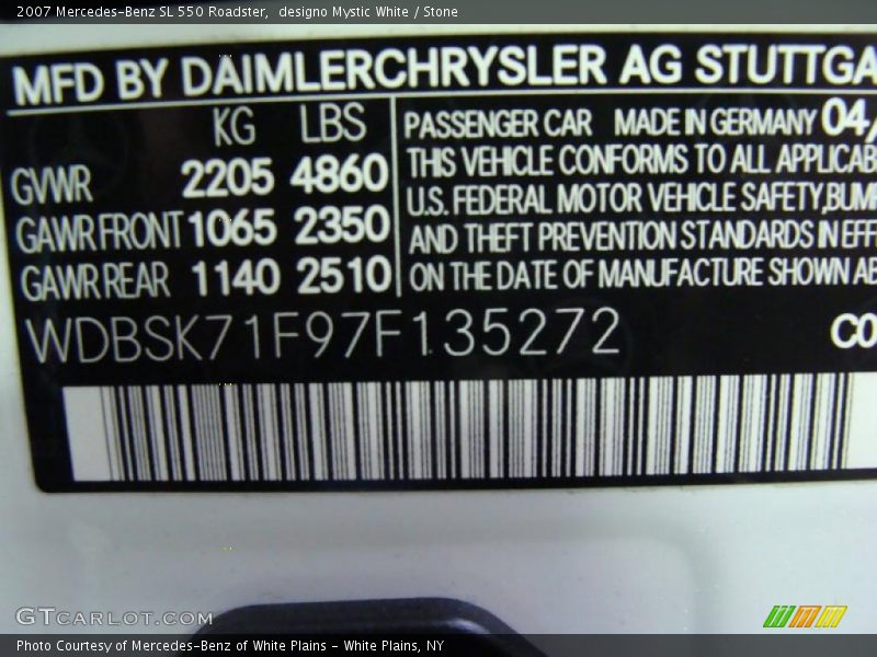 designo Mystic White / Stone 2007 Mercedes-Benz SL 550 Roadster