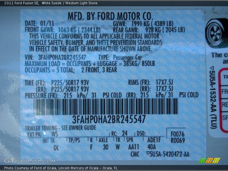 White Suede / Medium Light Stone 2011 Ford Fusion SE