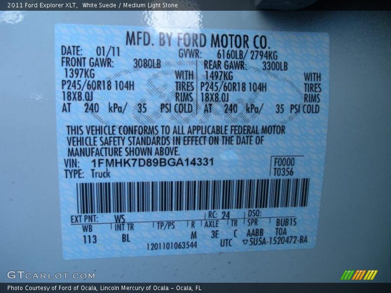 2011 Explorer XLT White Suede Color Code WS