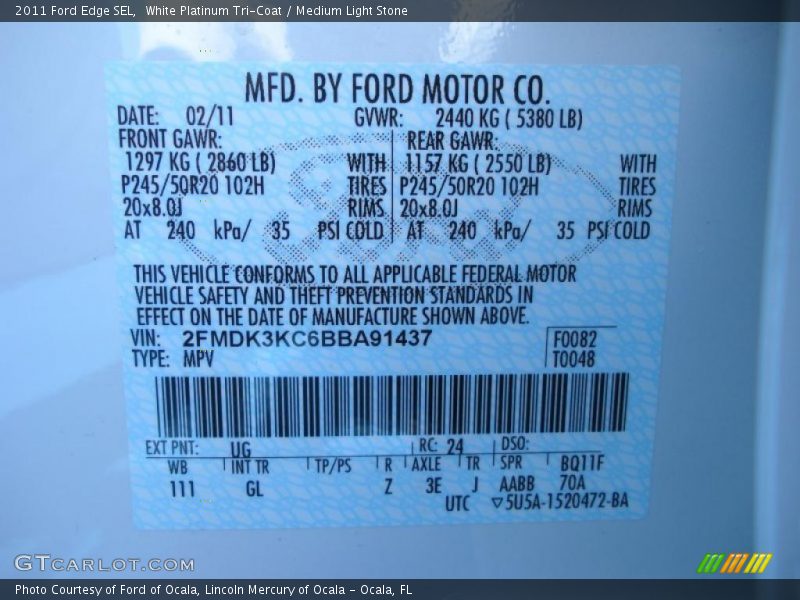 2011 Edge SEL White Platinum Tri-Coat Color Code UG