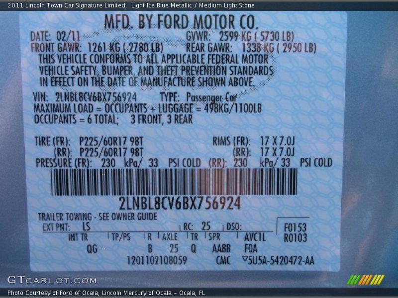 2011 Town Car Signature Limited Light Ice Blue Metallic Color Code LS
