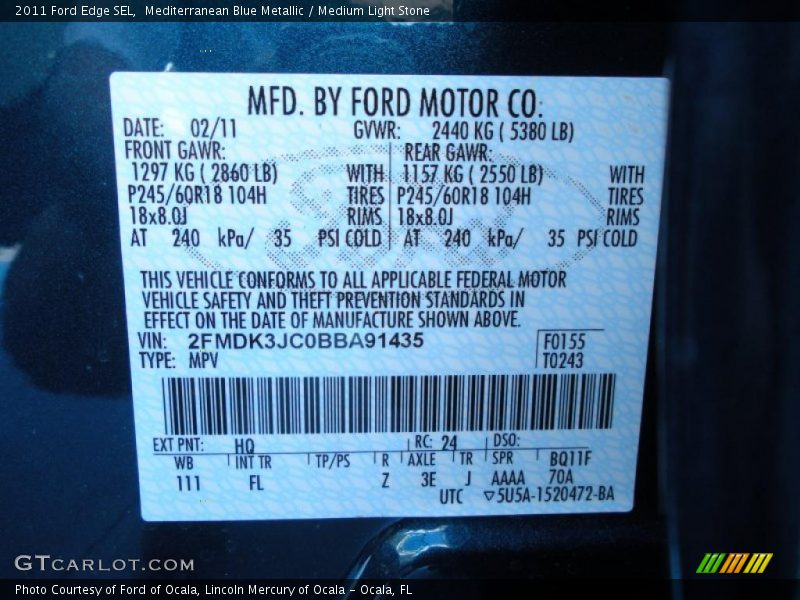 Mediterranean Blue Metallic / Medium Light Stone 2011 Ford Edge SEL