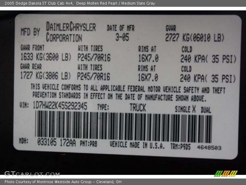 2005 Dakota ST Club Cab 4x4 Deep Molten Red Pearl Color Code PR8
