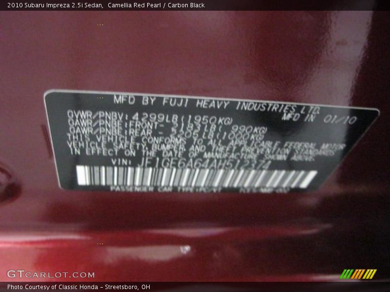 Camellia Red Pearl / Carbon Black 2010 Subaru Impreza 2.5i Sedan