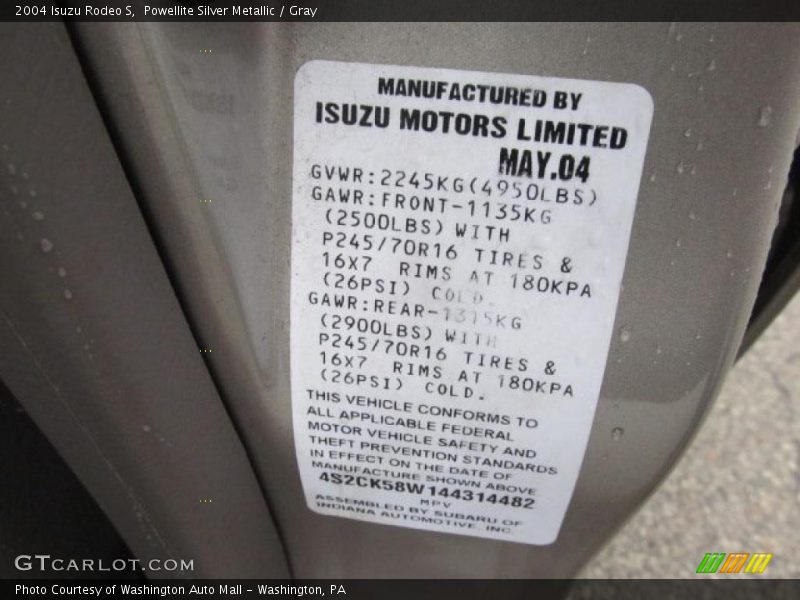 Powellite Silver Metallic / Gray 2004 Isuzu Rodeo S