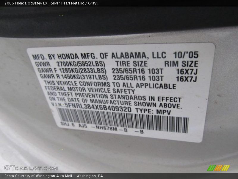 Silver Pearl Metallic / Gray 2006 Honda Odyssey EX