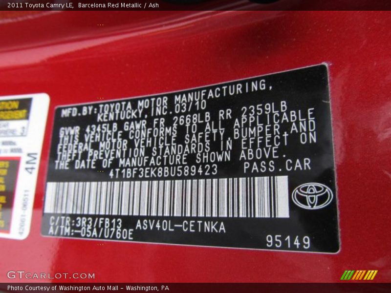 Barcelona Red Metallic / Ash 2011 Toyota Camry LE
