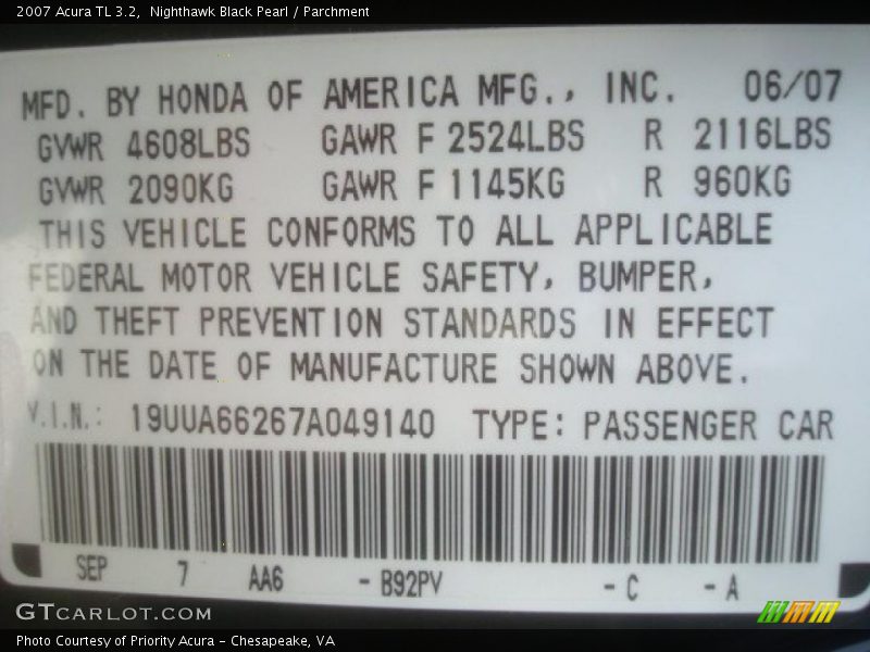 Nighthawk Black Pearl / Parchment 2007 Acura TL 3.2