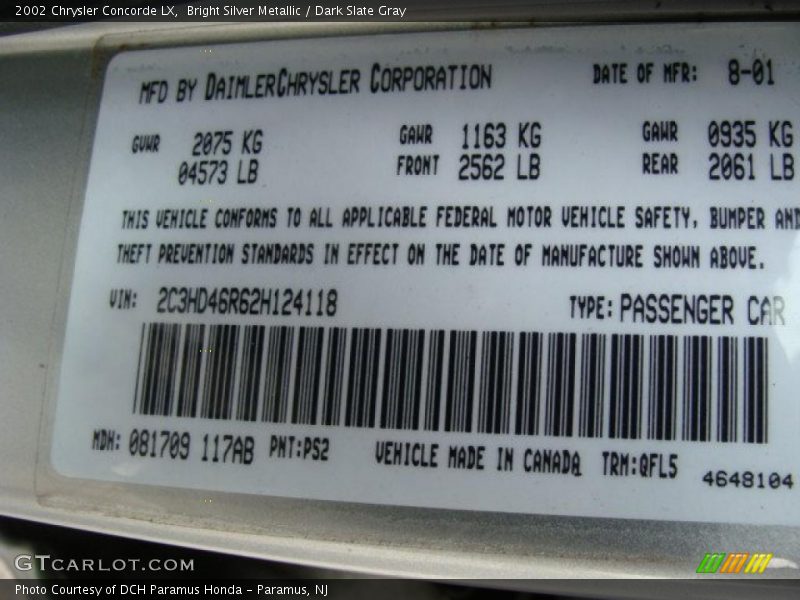 2002 Concorde LX Bright Silver Metallic Color Code PS2
