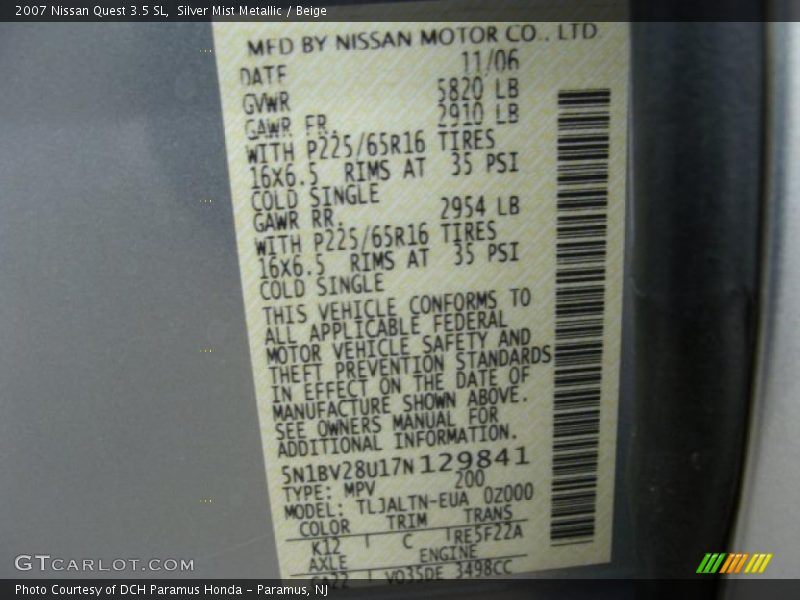Silver Mist Metallic / Beige 2007 Nissan Quest 3.5 SL