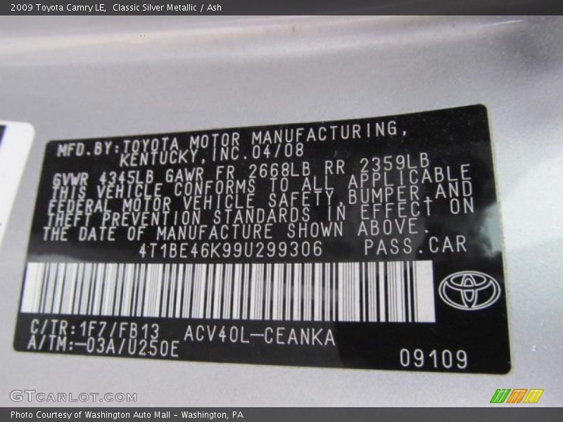 Classic Silver Metallic / Ash 2009 Toyota Camry LE