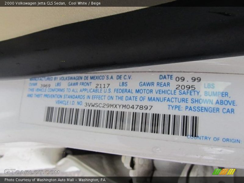 Info Tag of 2000 Jetta GLS Sedan