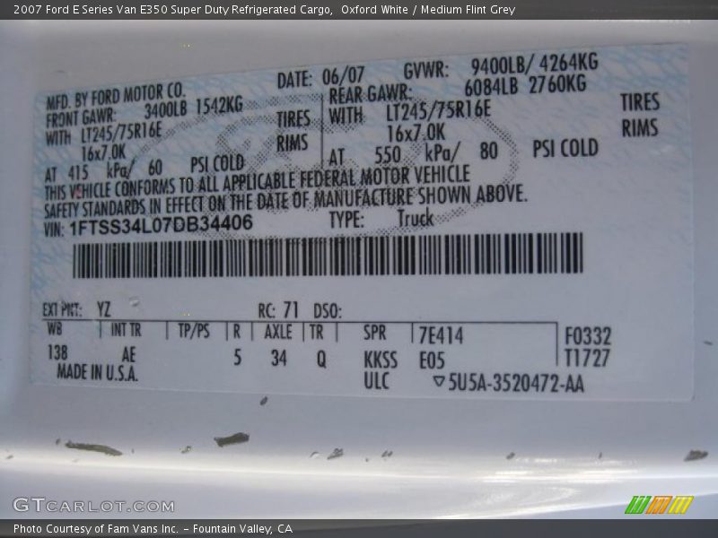 2007 E Series Van E350 Super Duty Refrigerated Cargo Oxford White Color Code YZ