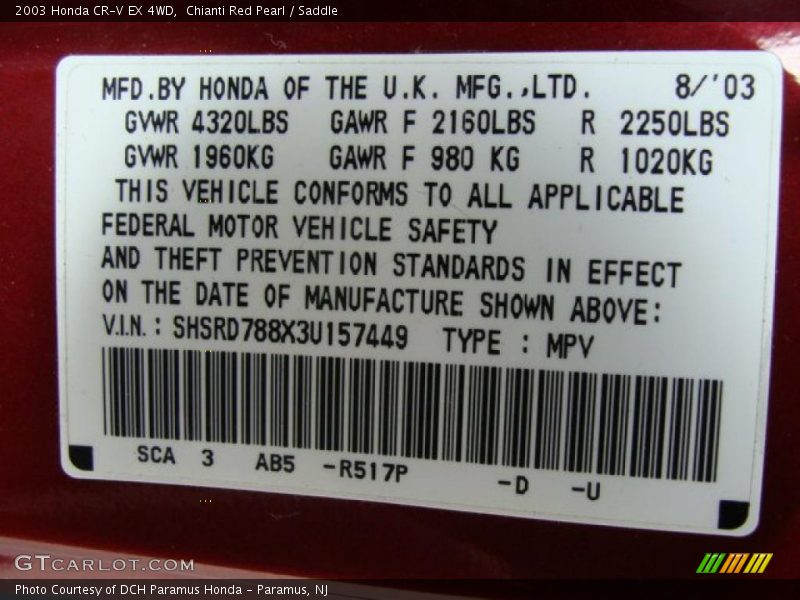 Chianti Red Pearl / Saddle 2003 Honda CR-V EX 4WD
