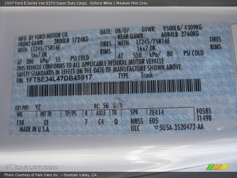 2007 E Series Van E350 Super Duty Cargo Oxford White Color Code YZ