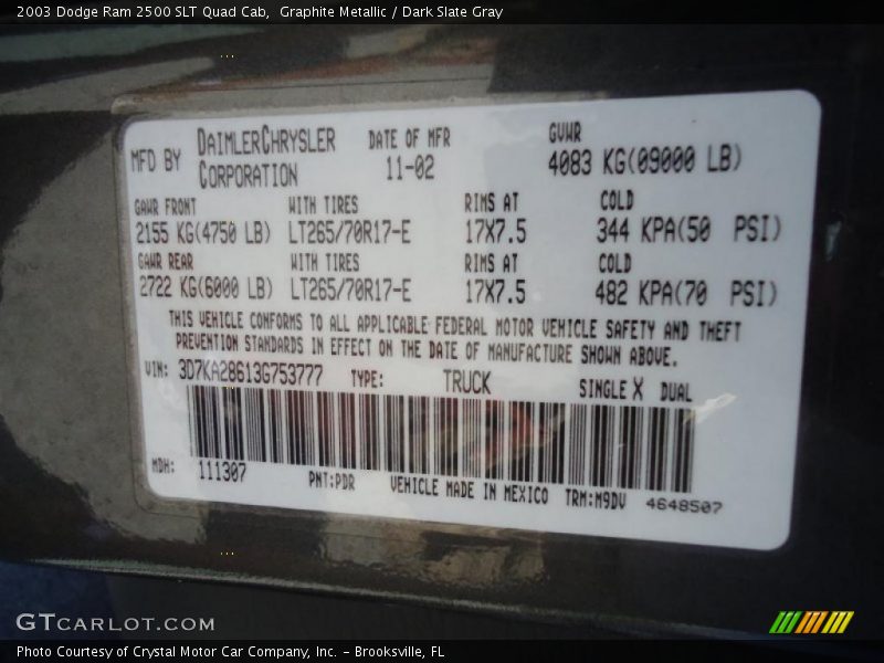 2003 Ram 2500 SLT Quad Cab Graphite Metallic Color Code PDR