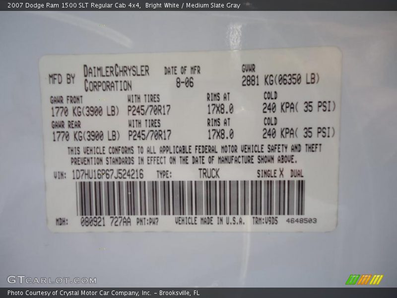 2007 Ram 1500 SLT Regular Cab 4x4 Bright White Color Code PW7