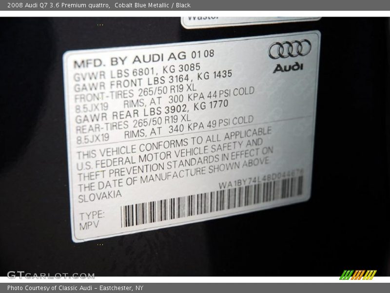 Cobalt Blue Metallic / Black 2008 Audi Q7 3.6 Premium quattro