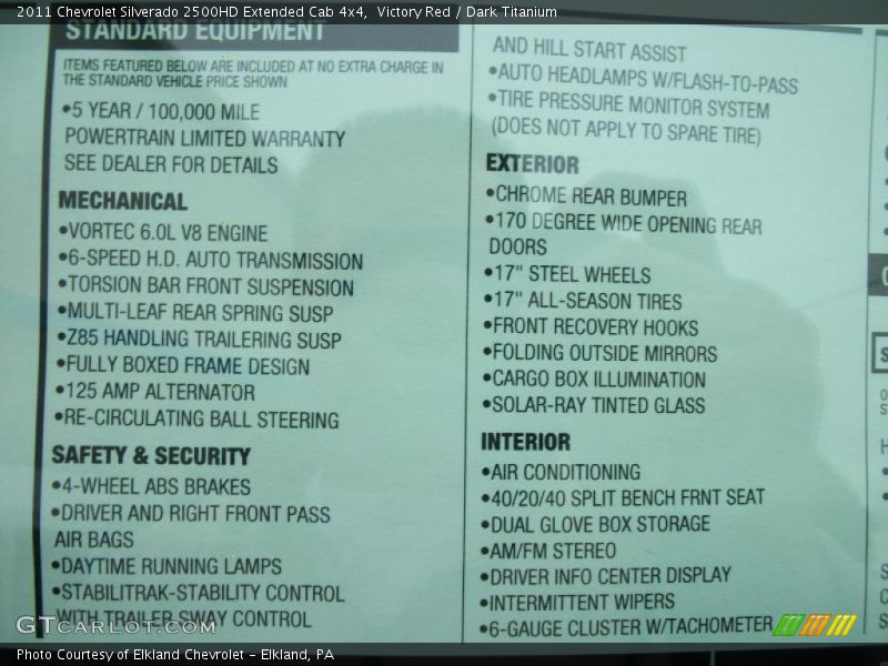  2011 Silverado 2500HD Extended Cab 4x4 Window Sticker