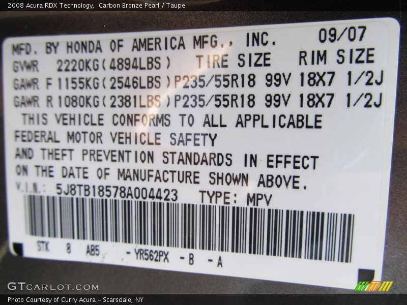 Carbon Bronze Pearl / Taupe 2008 Acura RDX Technology